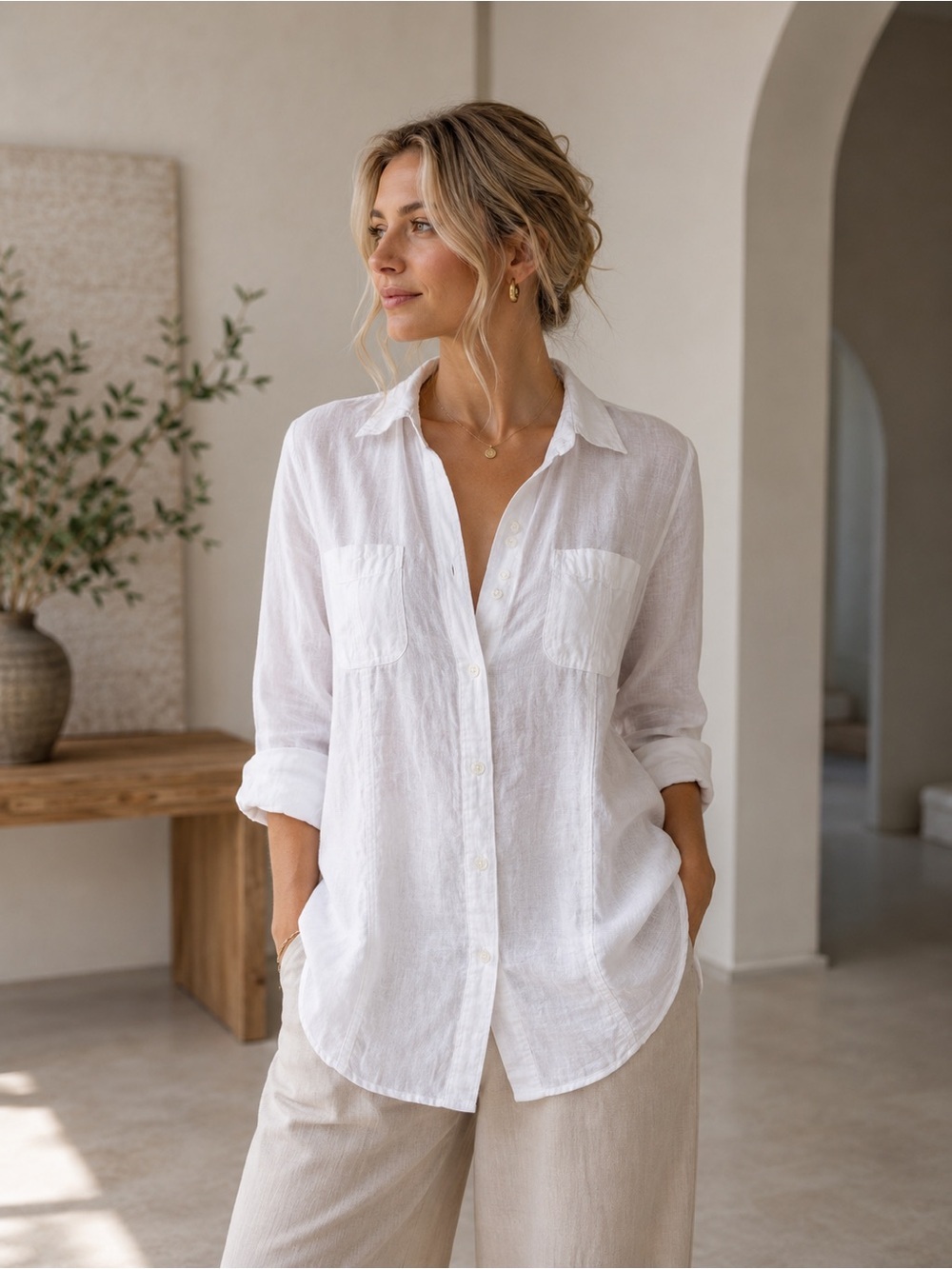 G.W. Pure 100% Linen White Collared Long Tunic Blouse Medium